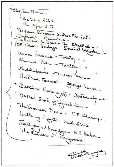 Lista de cÄƒrÈ›i datÄƒ de Ernest Hemingway lui Arnold Samuelson